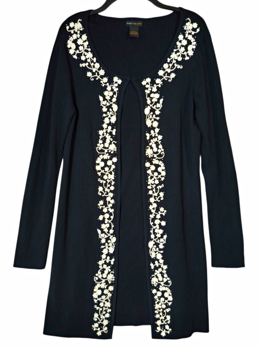 Grace Dane Lewis Large Black Ivory Floral Embroidered Long Cardigan Sweater